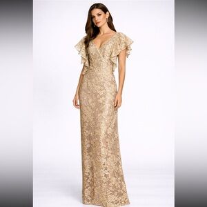 JS collection Elegant Gold Lace Maxi Dress with Flutter Sleeves